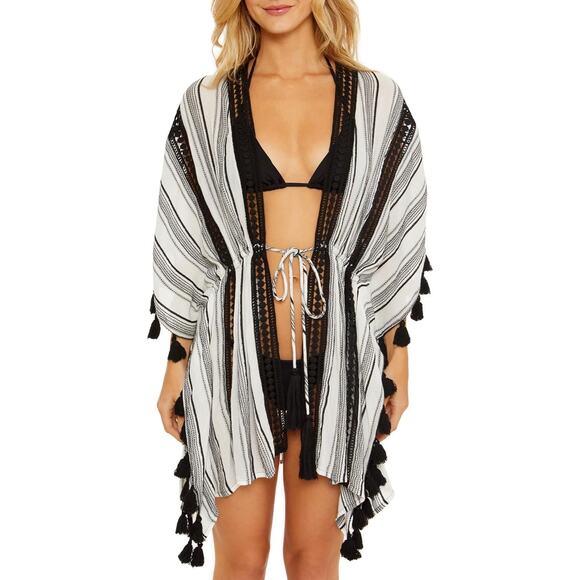 Soluna Swim Black White Striped Tassel Trim Kimono Beach Coverup Size Large - Picture 1 of 9